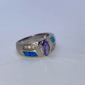 Vtg opal amethyst purple & white cz sterling silver ring sz 7.75